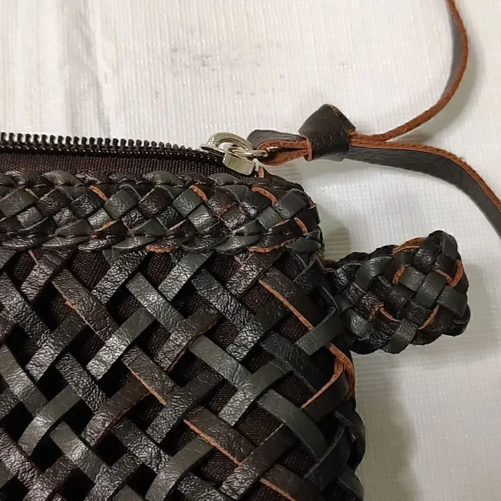 Ceannis Sweden Cosmetic Bag Sweet Woven Brown Leather Clutch Wristlet Bag